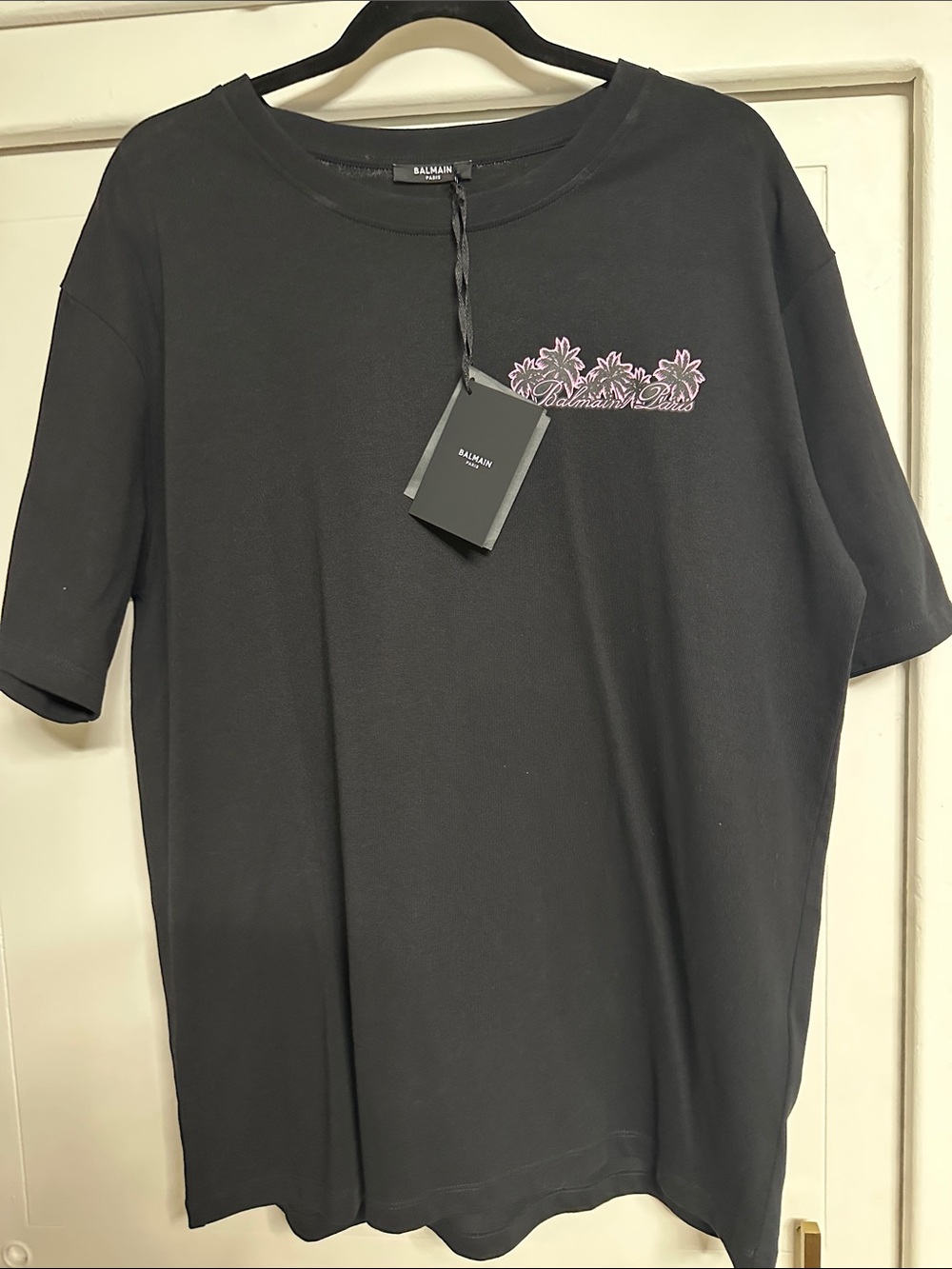 Balmain Black Tee with Pink Palm Embroidery